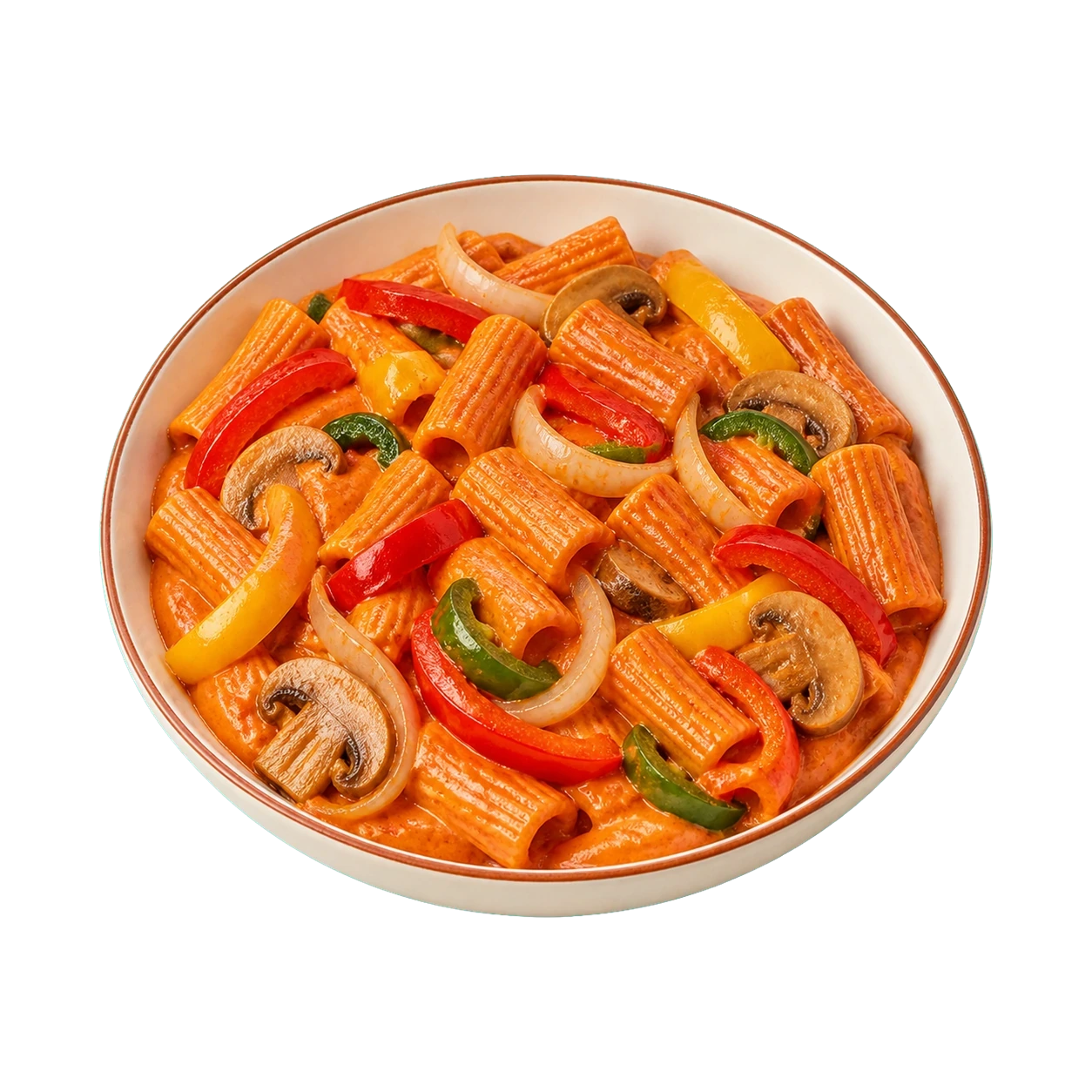 Pasta Alla Chef – Gemüse & Tomaten-Sahnesauce Pasta Alla Chef mit Paprika, Zwiebeln, Peperoni, Champignons und Tomaten-Sahnesauce